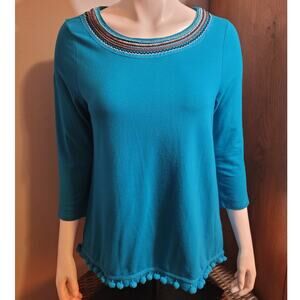Turquoise embroidered beaded blouse crown ivy boho pom pom hem 34 sleeve small